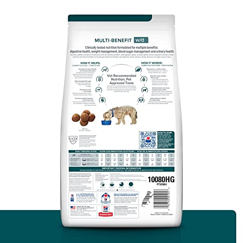 Hill's Prescription Diet w/d, etiqueta detallada, muestra beneficios para digestión y control de glucosa.