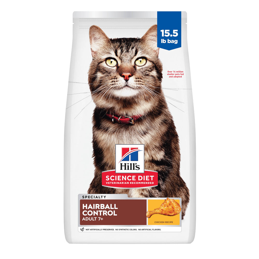 Hill's Science Diet Hairball Control para gatos mayores; ayuda a reducir bolas de pelo.