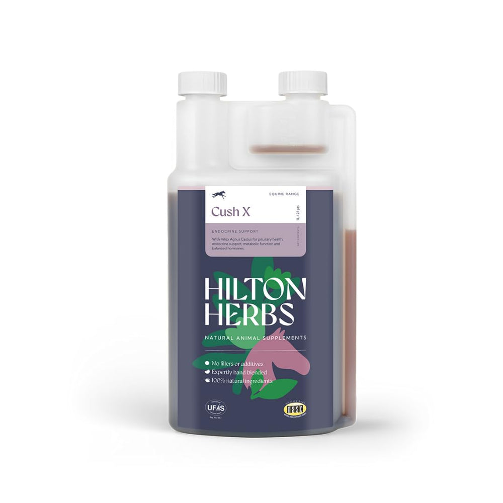 Hilton Herbs Cushx, etiqueta frontal con información para facilitar la dosificación.