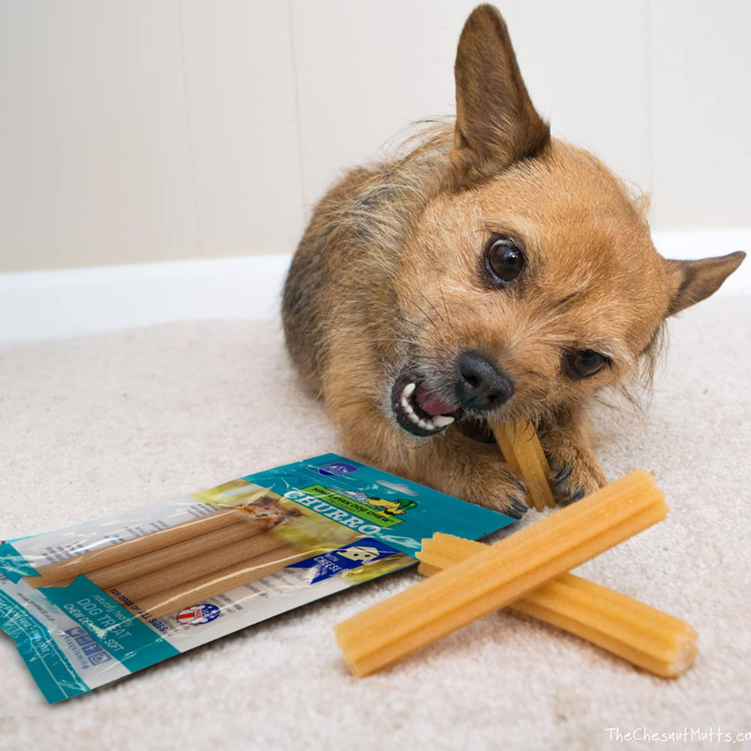 Himalayan Dog Chew Churro sabor queso con patata dulce, perfecto para perros tranquilos.