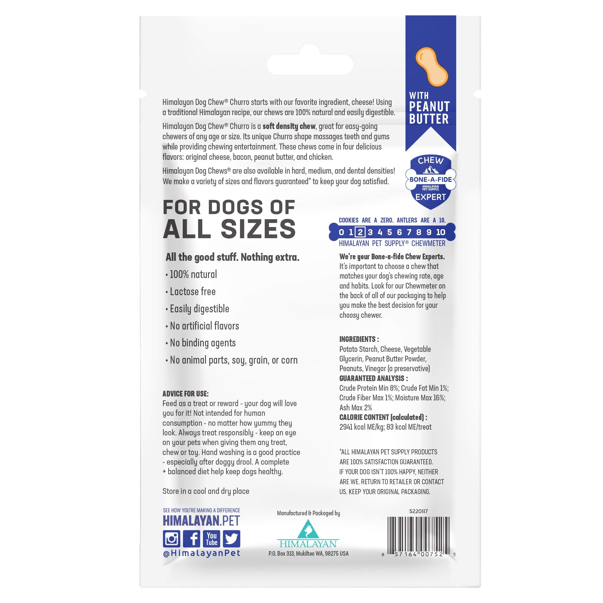 Himalayan Dog Chew Churro Yak Cheese con sabor cacahuete real en bolsa de 4 churros.
