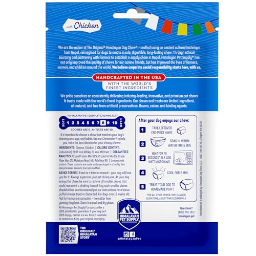 Himalayan Dog Chew empaque duradero, muestra de ingredientes naturales.