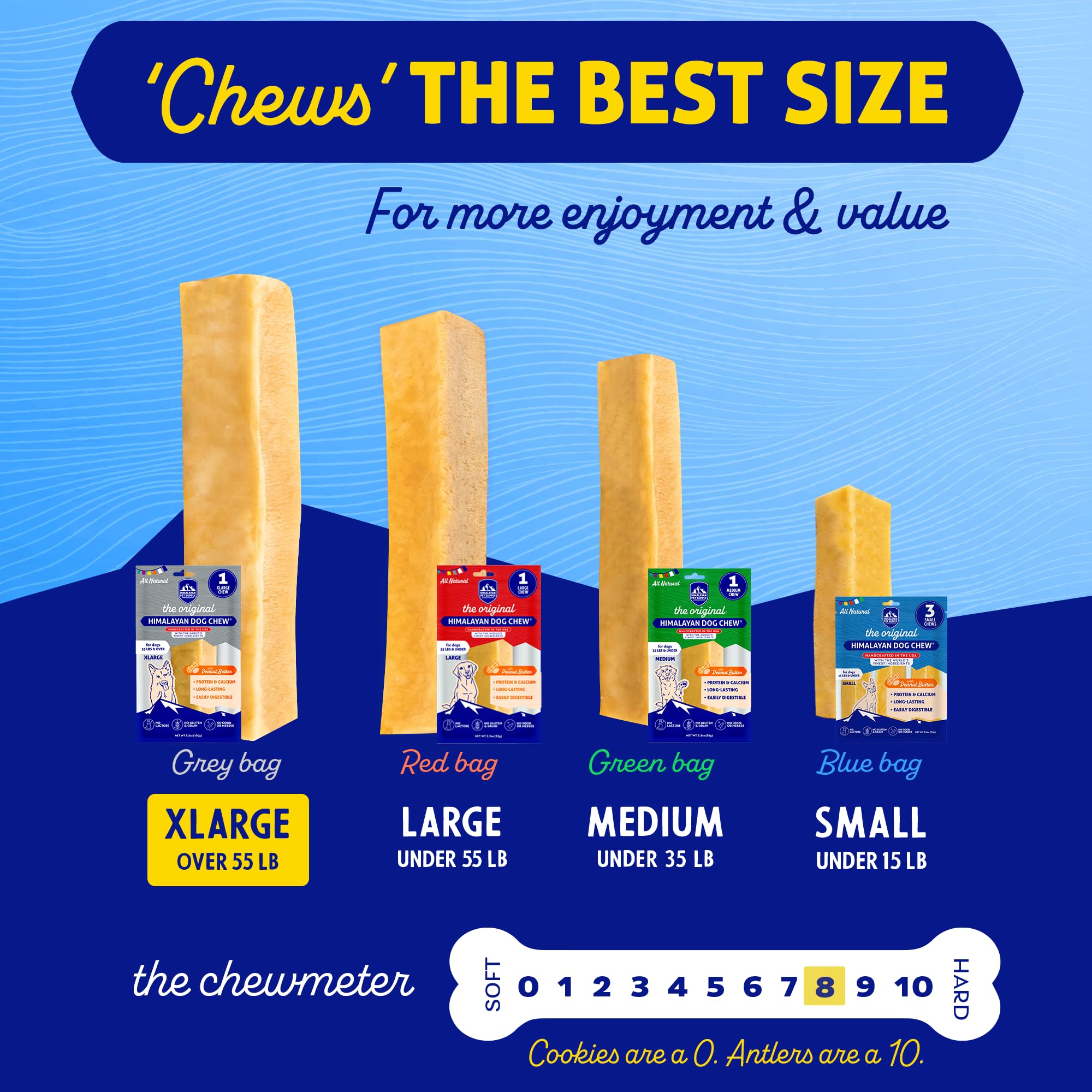 Himalayan Dog Chew, sin lactosa, apto para estómagos sensibles.