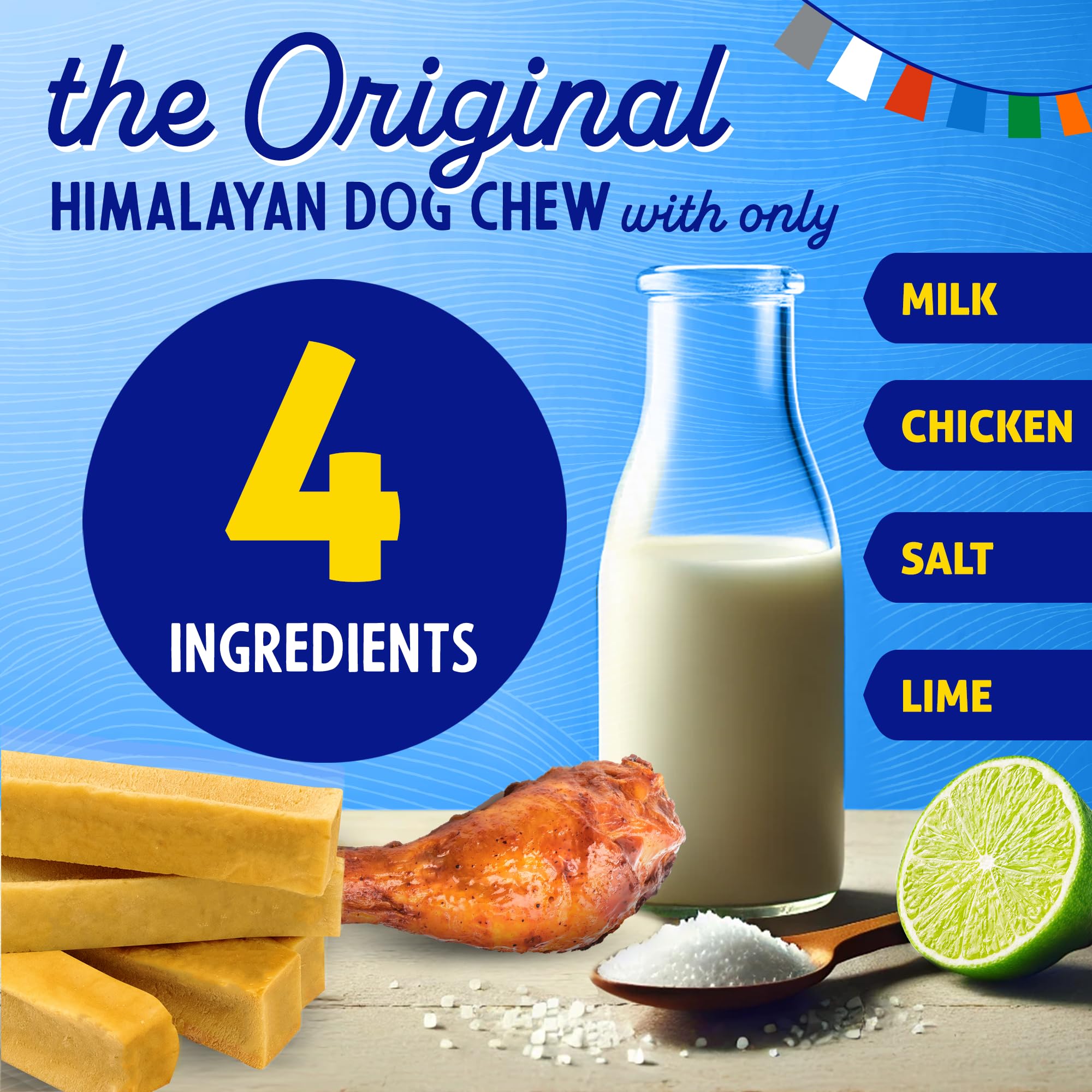 Himalayan Dog Chew Original Yak Cheese con pollo, corte en la superficie y sabor.