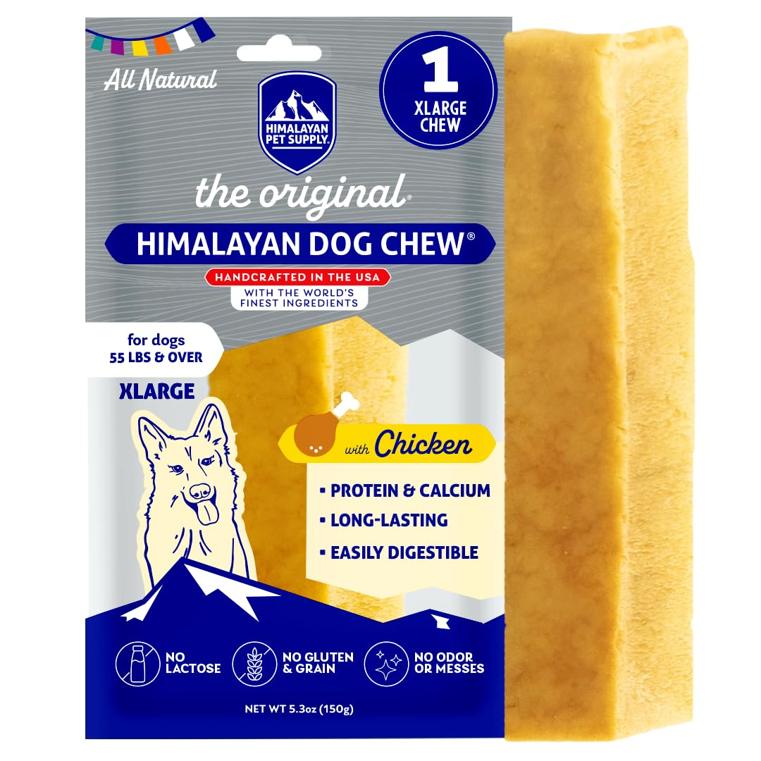 Himalayan Dog Chew Original Yak Cheese con pollo en primer plano, ideal para perros grandes.