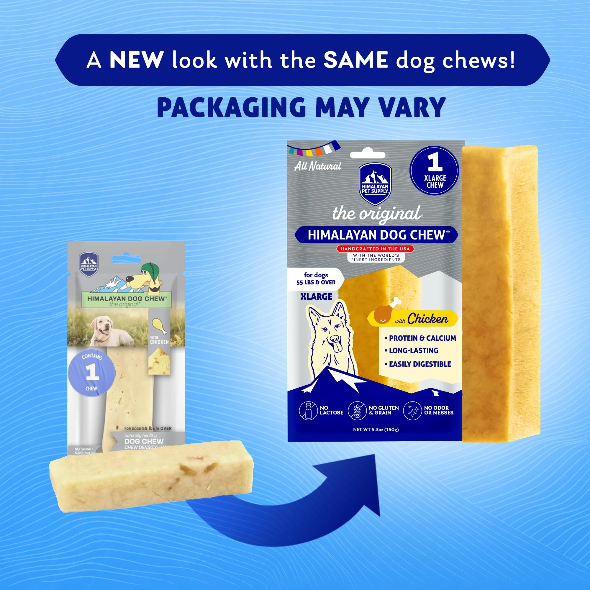 Himalayan Dog Chew Original Yak Cheese con pollo, barra lista para sesión de juego.