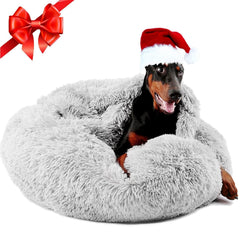 Himax cama para perros redonda con manta gris, refugio cálido para descansar.