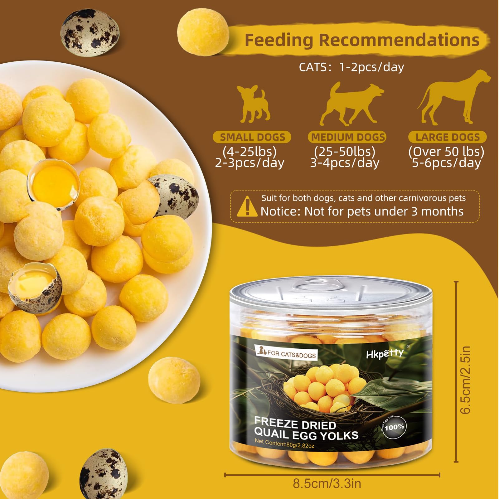 Hkpetty yema codorniz secas, premio sabroso para perros y gatos.