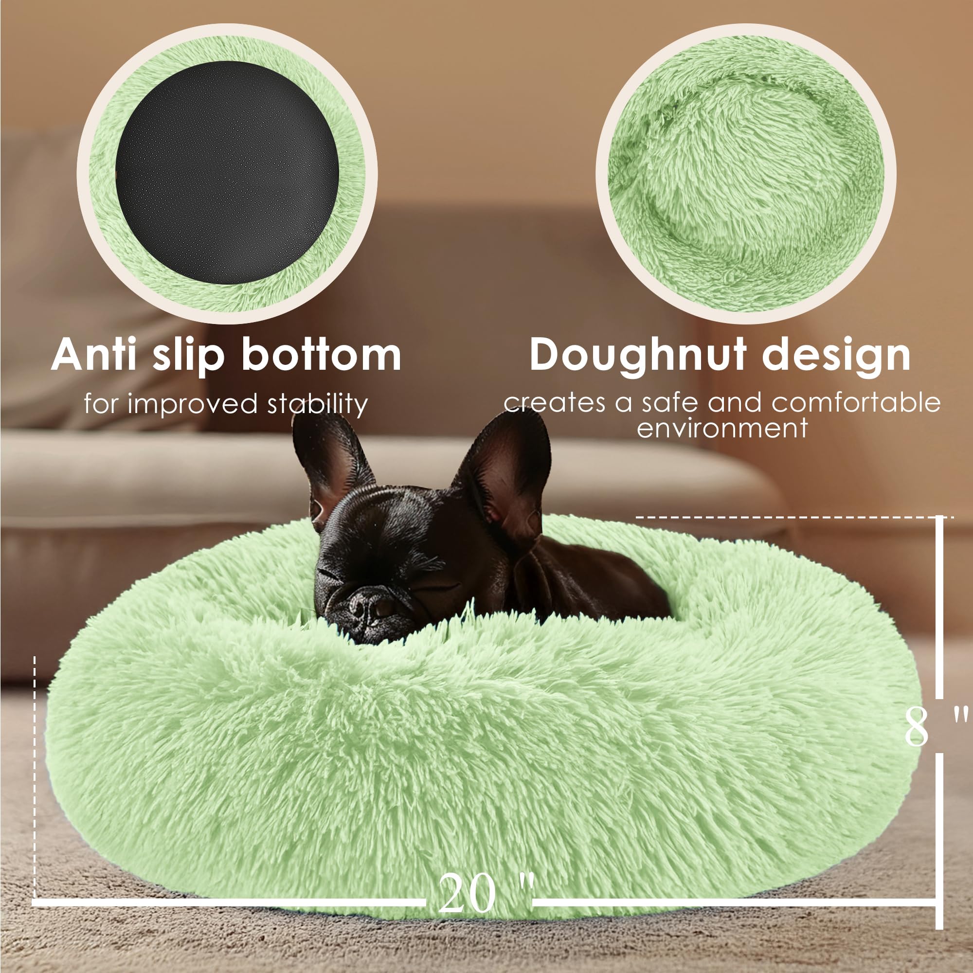 Hoewina cama donut verde, detalle de felpa suave para descanso reconfortante.