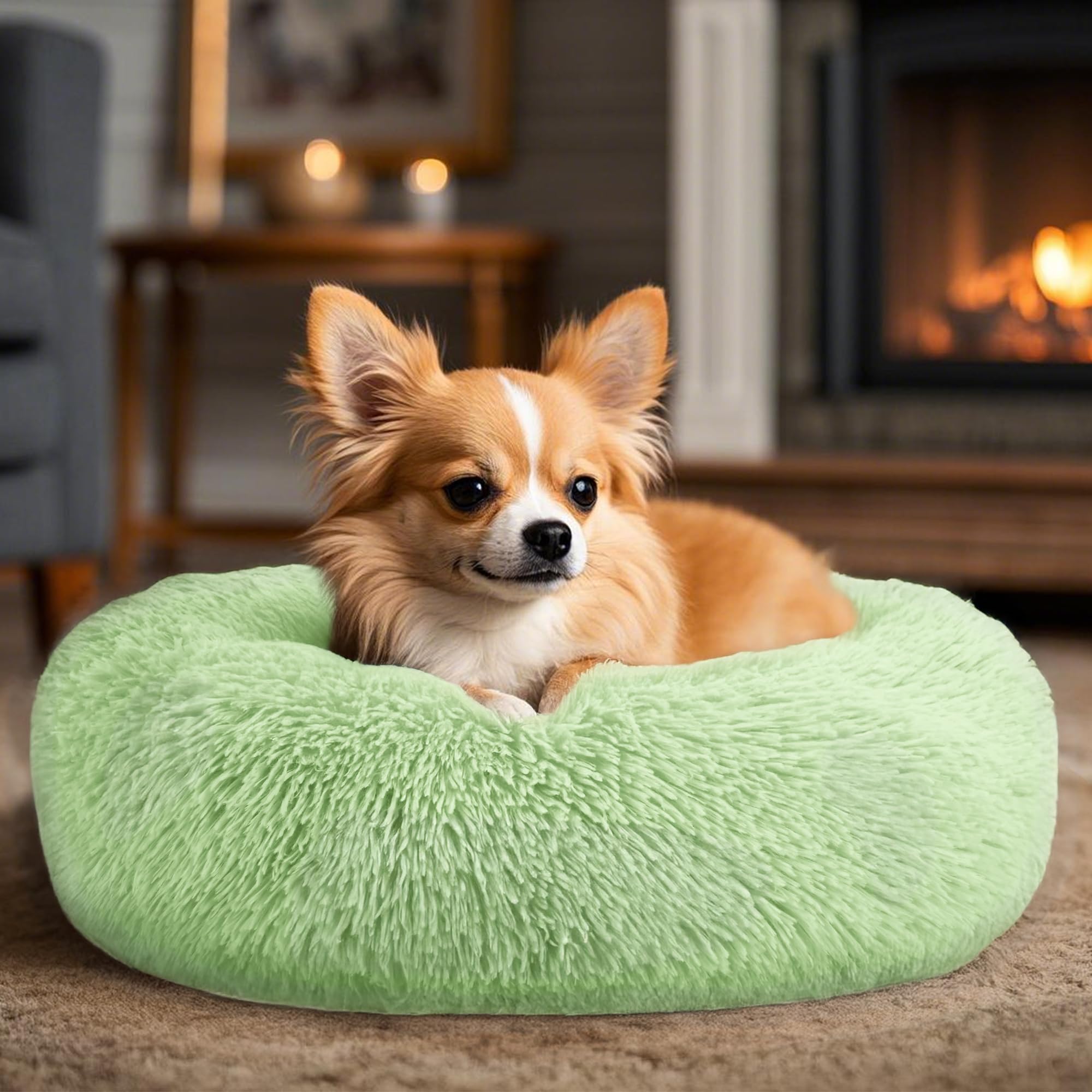 Hoewina cama donut verde, fondo antideslizante para estabilidad en suelos.