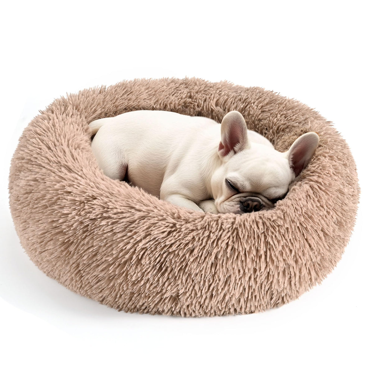Cama donut Hoewina para perros y gatos, refugio cómodo tono camel