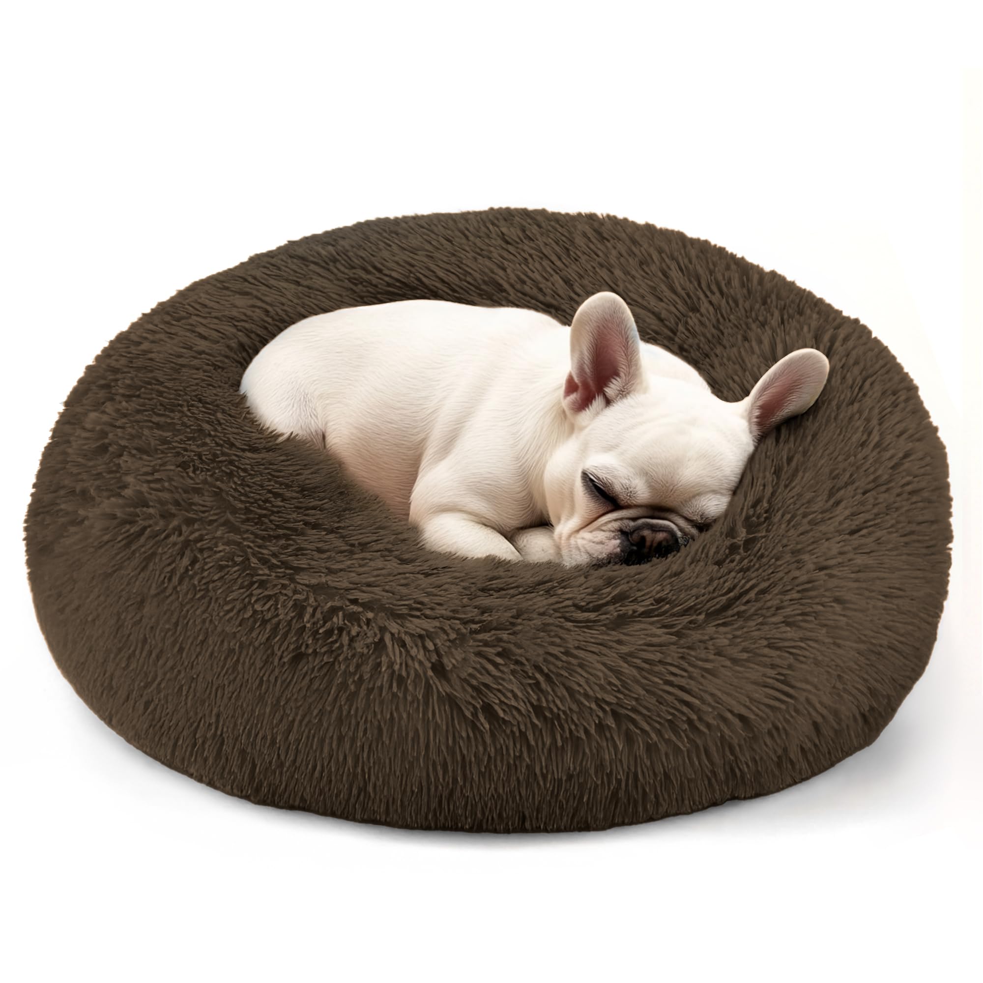 Cama Hoewina para perros pequeños, forma redonda color café, ofrece soporte suave para dormir.