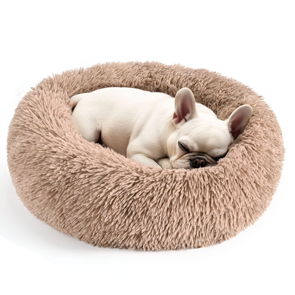 Cama Hoewina para perros pequeños, diseño redondo y tono arena, ofrece apoyo suave para dormir