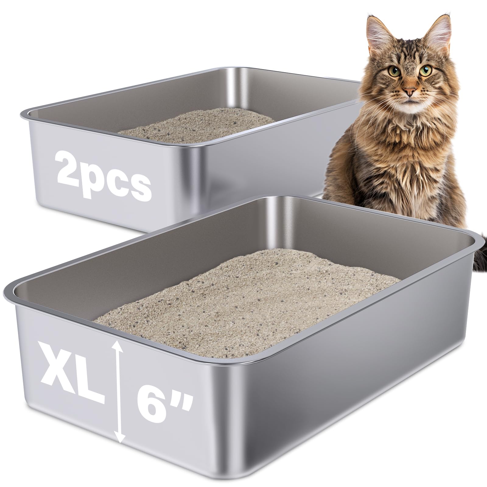 Holintan caja de arena de acero inoxidable, frente: fácil acceso para gatos grandes
