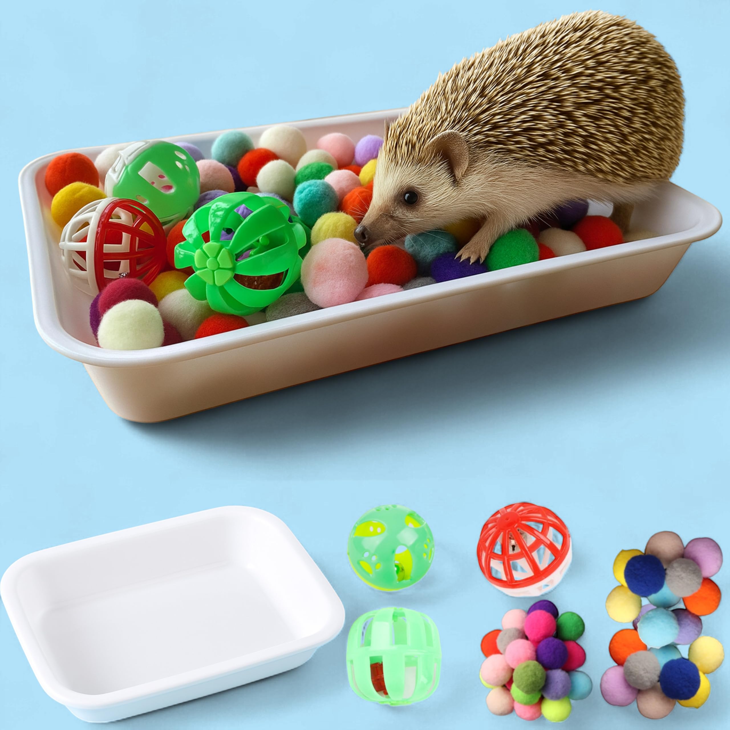 Dig-Box de Homedy Crafts: bandeja para erizo con bolas para estimular forrajeo.