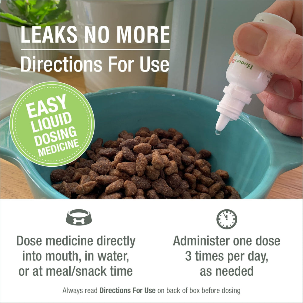 Etiqueta de HomeoPet Leaks No More con indicaciones de uso seguro