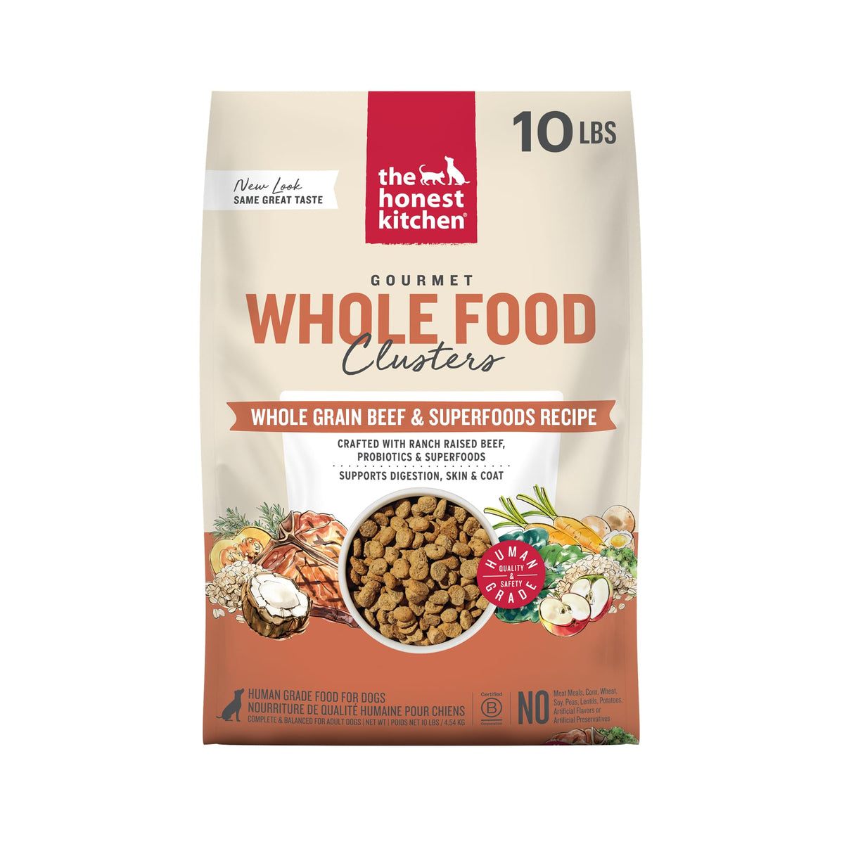 The Honest Kitchen Clusters de res con avena en bolsa: nutrición completa para perros activos.