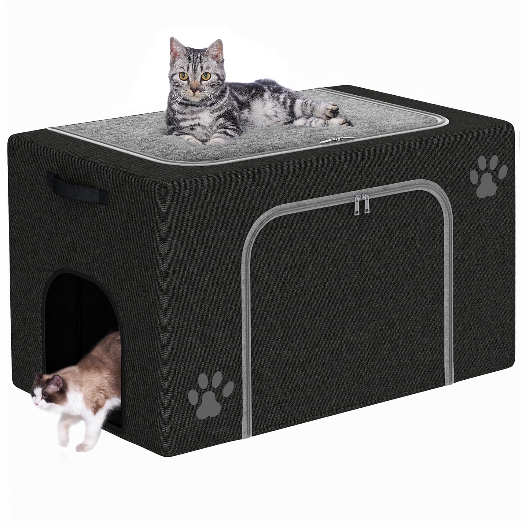 La caja-arena-gato-cama-frente-abierta de Honiakaka ofrece espacio cómodo para descansar.