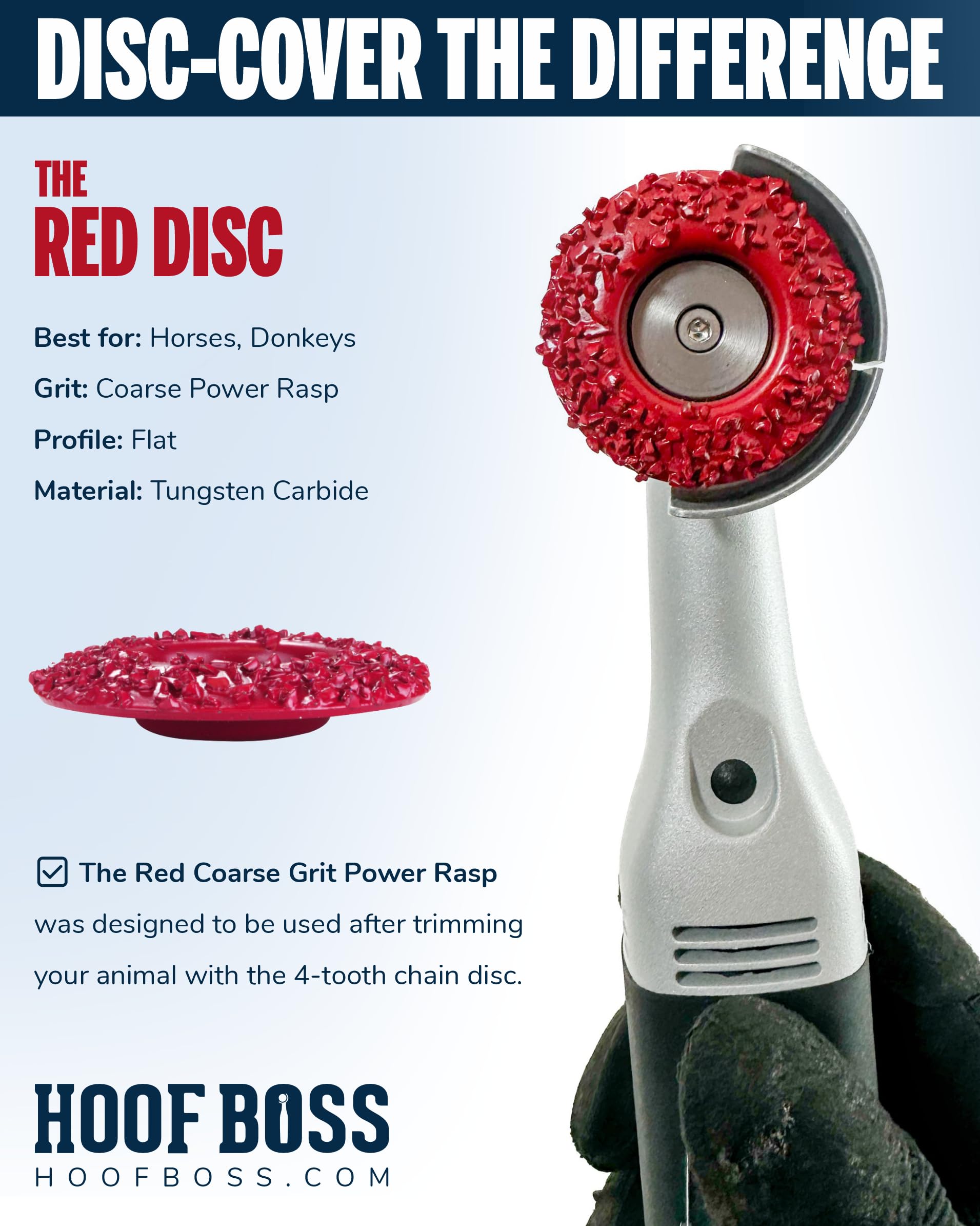 Hoof Boss disco domo rojo, en uso con herramienta eléctrica para recorte eficiente