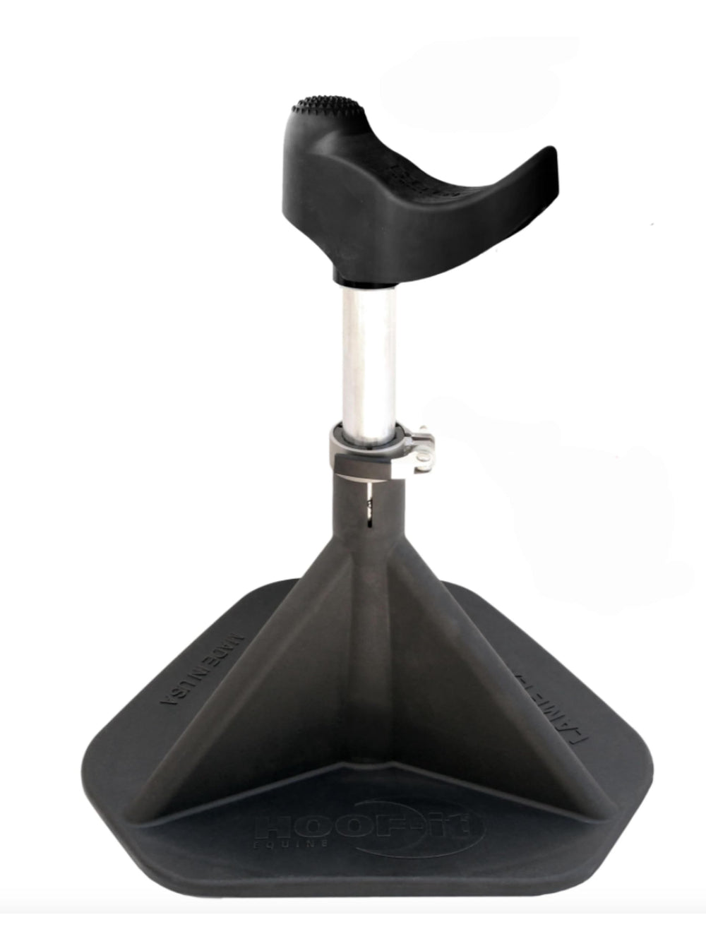 Hoof-It soporte de herradura, vista frontal, estable para manejo seguro del casco.