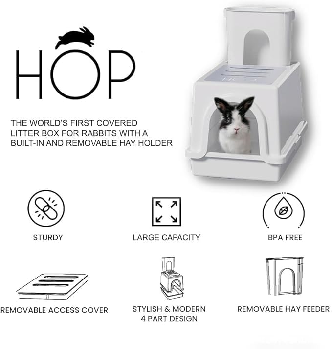 HOP caja de arena para conejos con sistema anti-derrame para menos desorden.