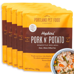 Hopkin's Pork N’ Potato, frente del saco: empaque apto para microondas y servir rápido.