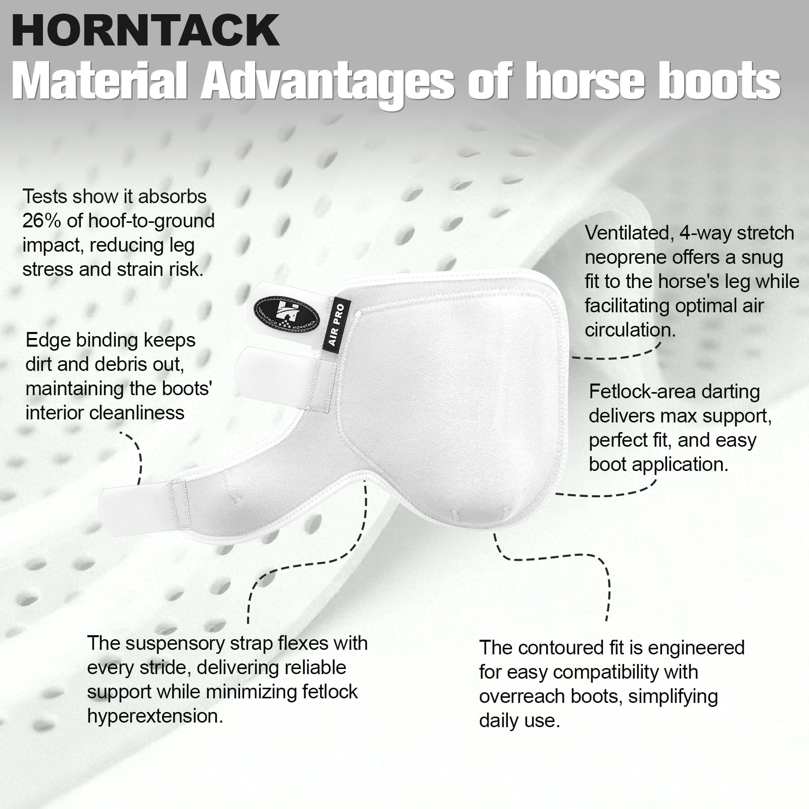 Marcajes en relieve Horntack indican frontal y derecha para colocación precisa.