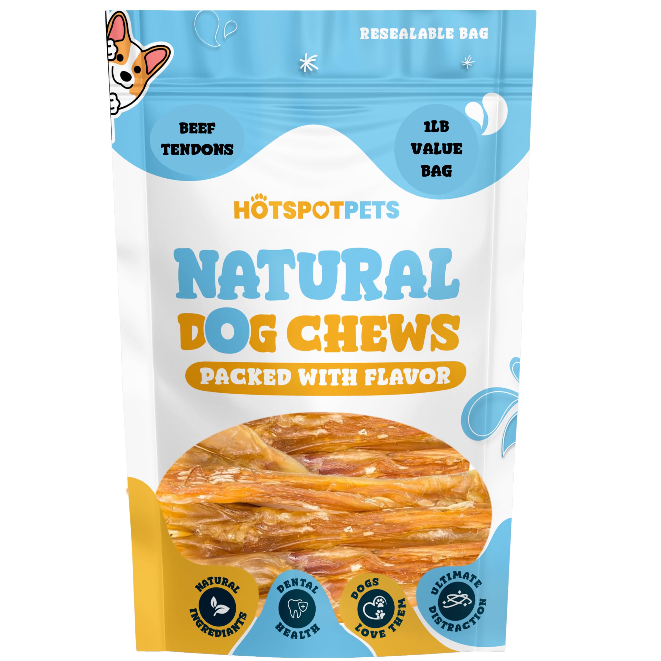 Hotspot Pets tendones de ternera sin subproductos artificiales para una golosina natural.