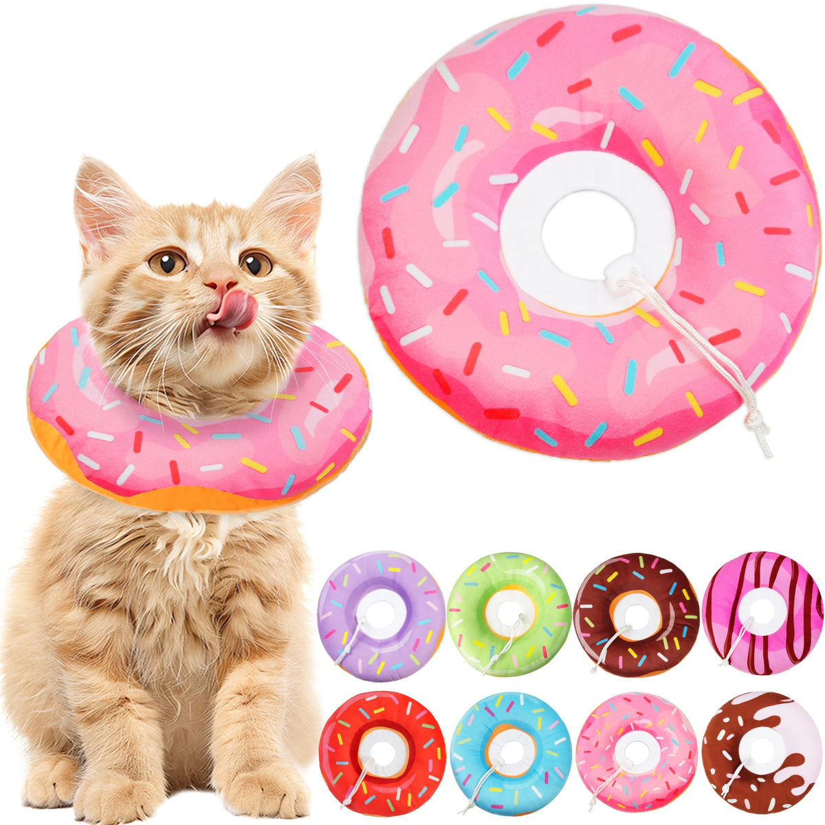 Gato usando collar cono suave Hpetppy en formato donut para recuperación cómoda.