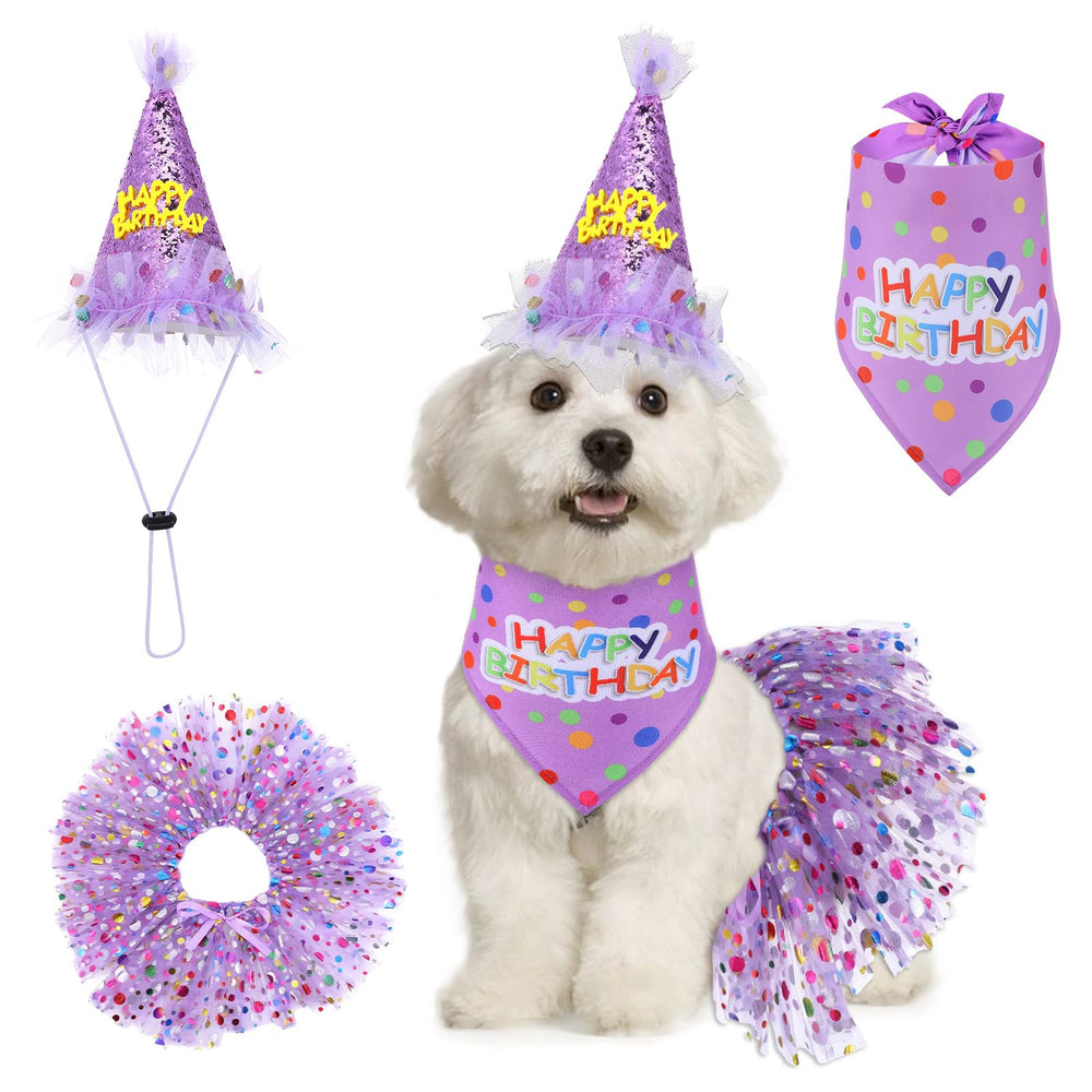 Bandana de cumpleaños Hpmjz para perros morada, ideal para fotos festivas.