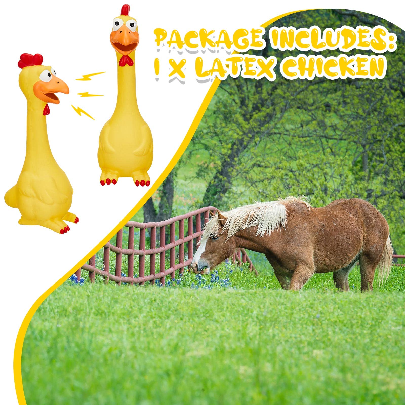Pollo de Hungdao con diseño llamativo, captura la atención del caballo.