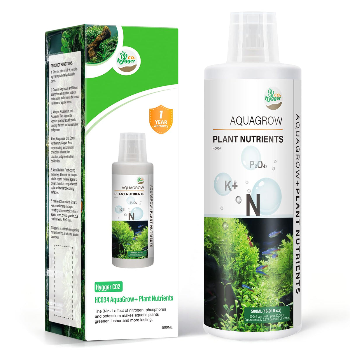 Hygger CO2 HC034 envase medición facilita dosificación precisa para acuarios plantados.