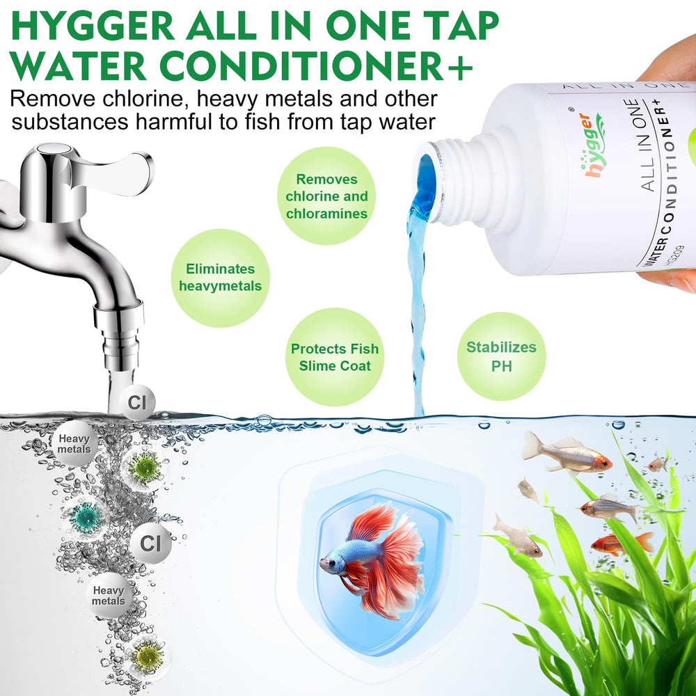 Hygger Condicionador de Agua etiqueta frontal para identificar dosis fácilmente.