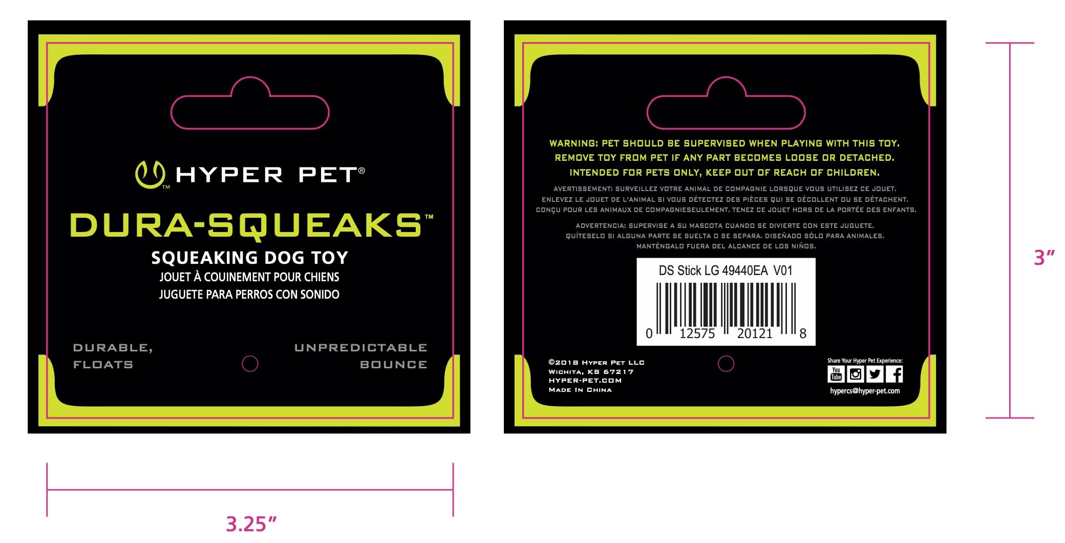Hyper Pet Dura-Squeaks Palo Perro Verde Brillante: fácil de localizar y perfecto para juego activo