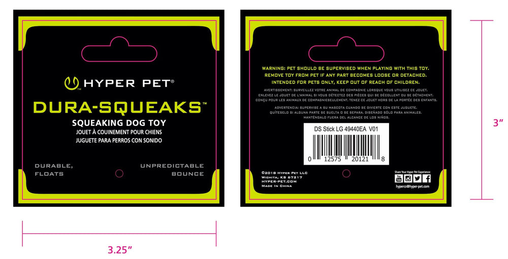 Hyper Pet Dura-Squeaks Palo Perro Verde Brillante: fácil de localizar y perfecto para juego activo