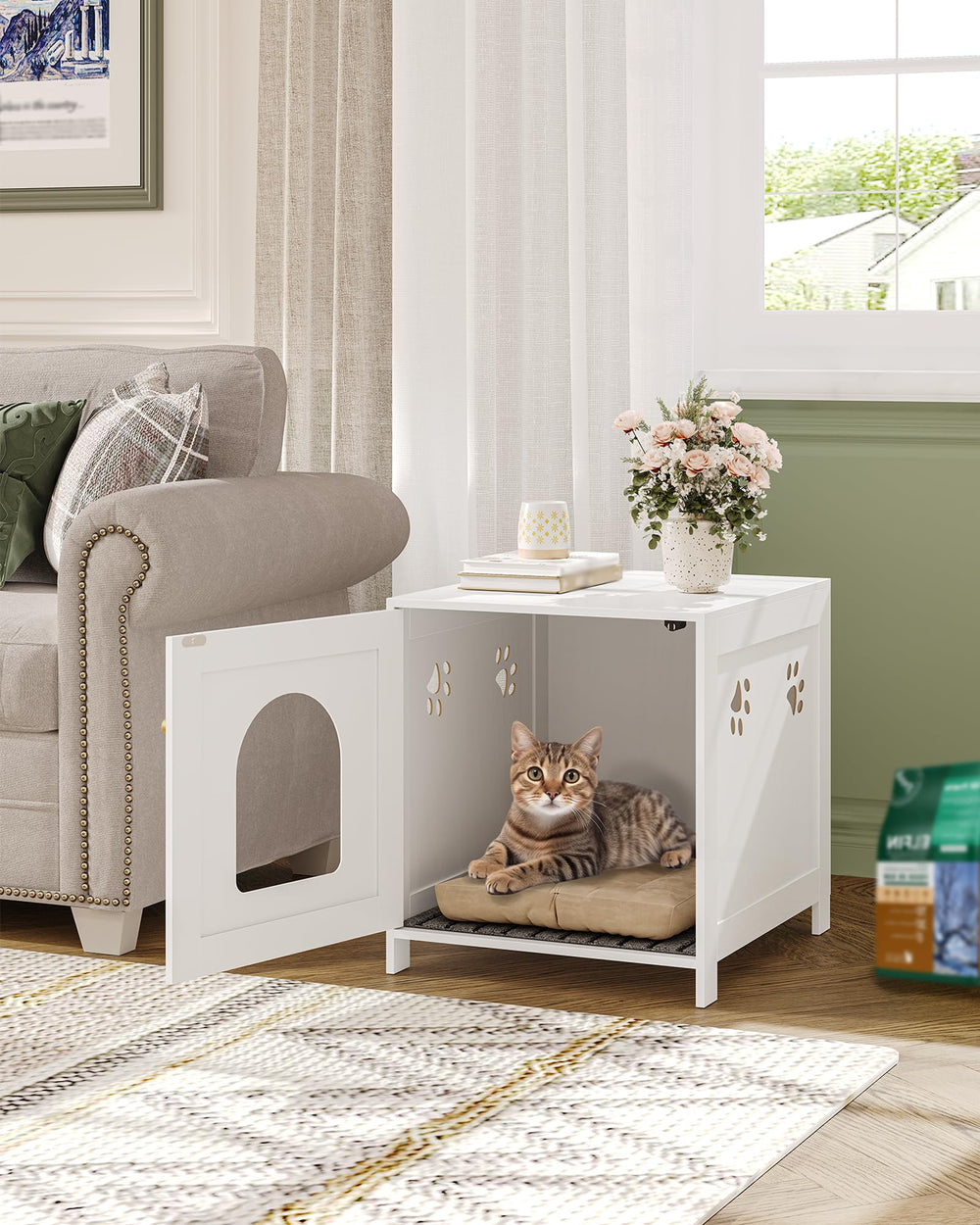 Hzuaneri mueble auxiliar para mascotas, diseño blanco y práctico como mesa.