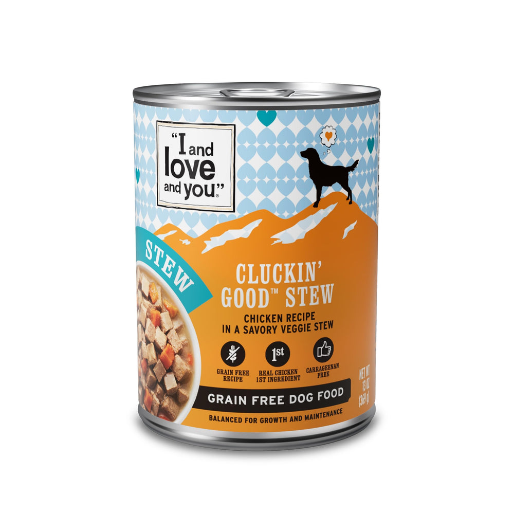 I And Love And You Cluckin Good Stew en lata 13oz, trozos reales para perros activos.
