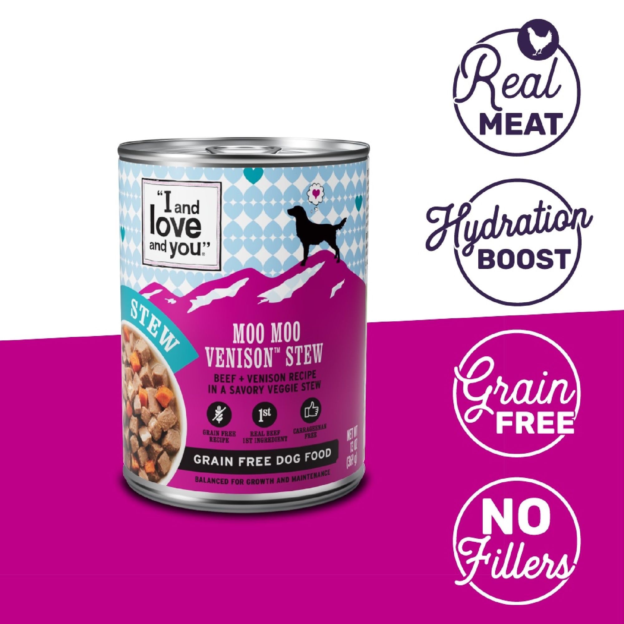 I AND LOVE AND YOU Moo Moo Venison Stew, trozos de venado jugosos para cada comida.