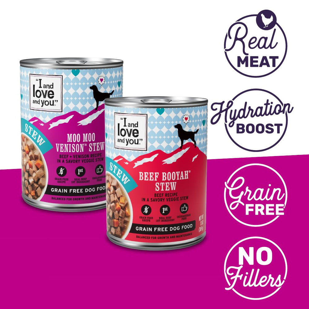 I AND LOVE AND YOU muestra lata 13oz con venado y ternera para saborear.