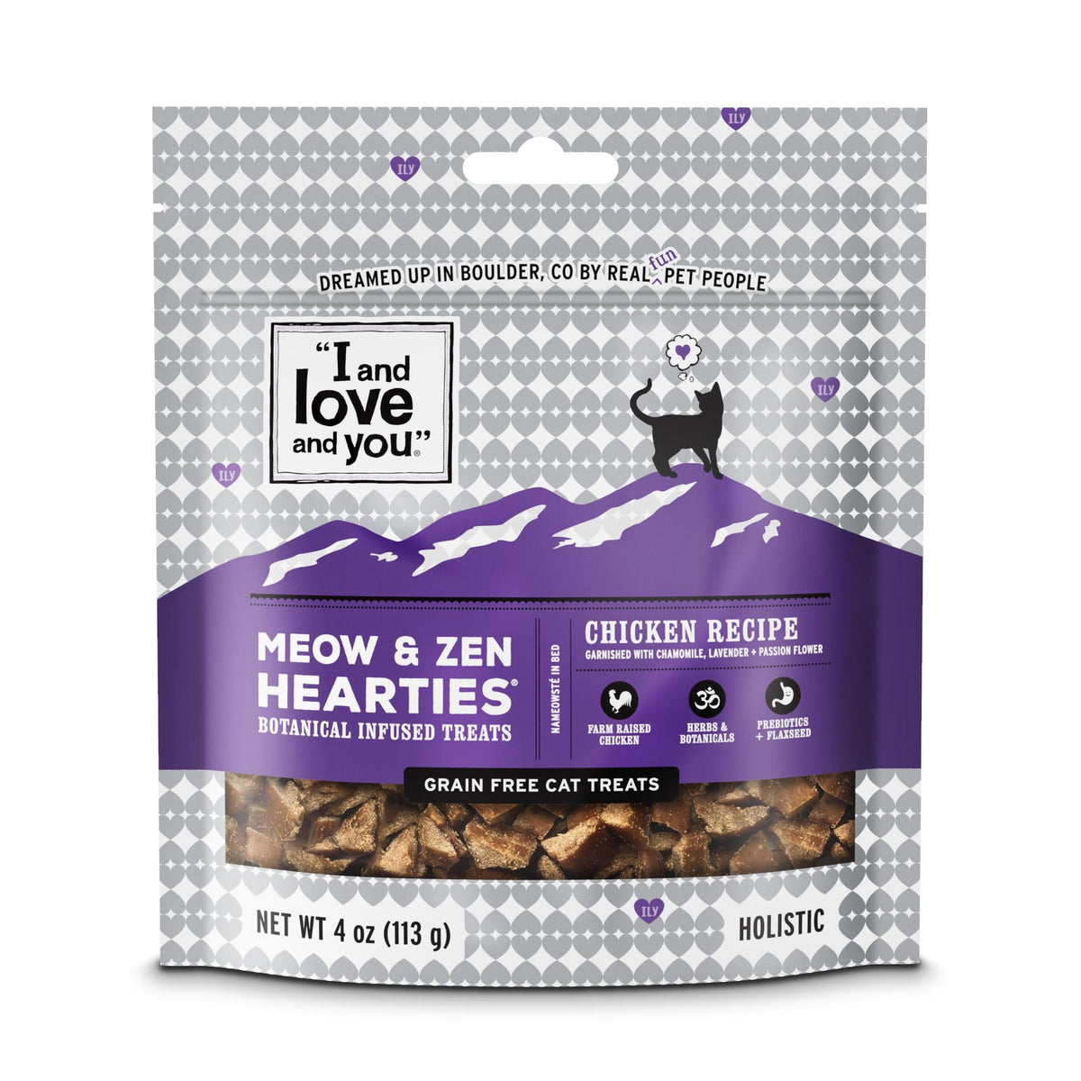 Golosinas Meow and Zen Hearties con pollo para momentos tranquilos y sabrosos.