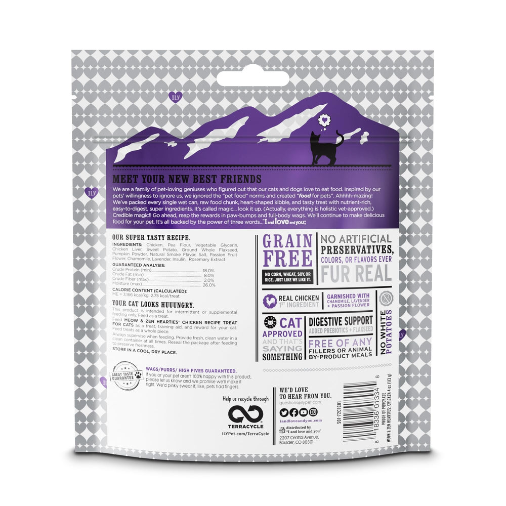 Meow and Zen Hearties sin granos para dietas sensibles.