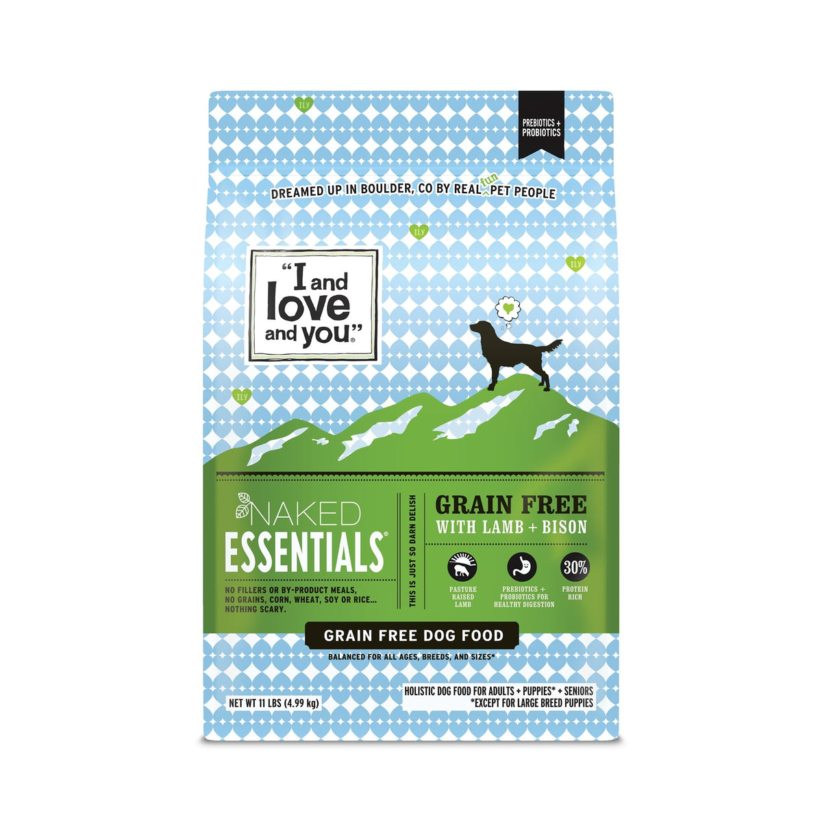 I and love and you Naked Essentials, alimento seco para perro cordero y bison, bolsa 11 libras