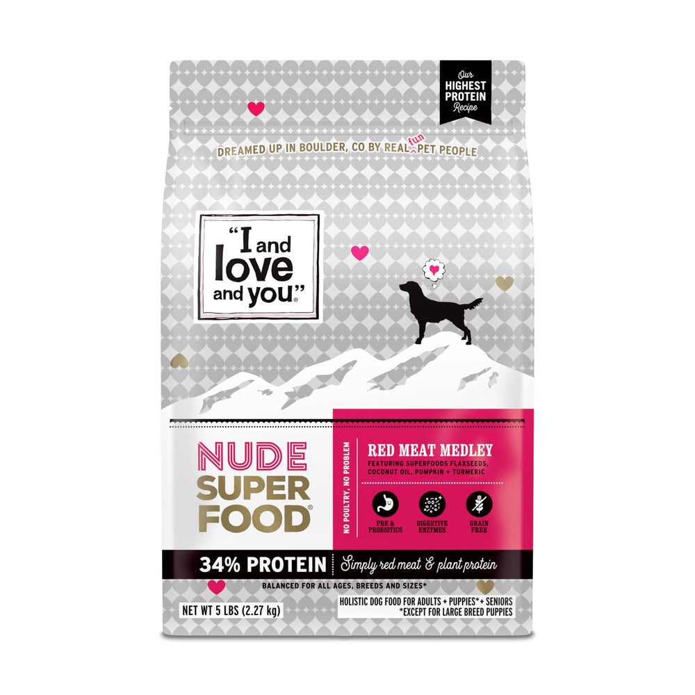I and Love and You Nude Super Food, bolsa visible, apoyo a la digestión con prebióticos.
