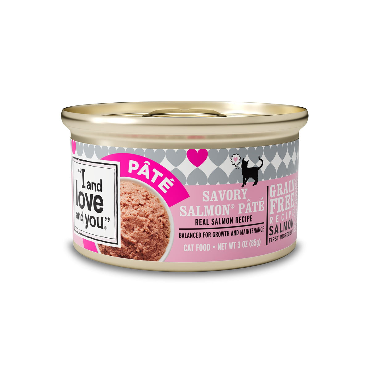 I and love and you Paté de salmón, frente de lata, presentación atractiva para la alimentación diaria.