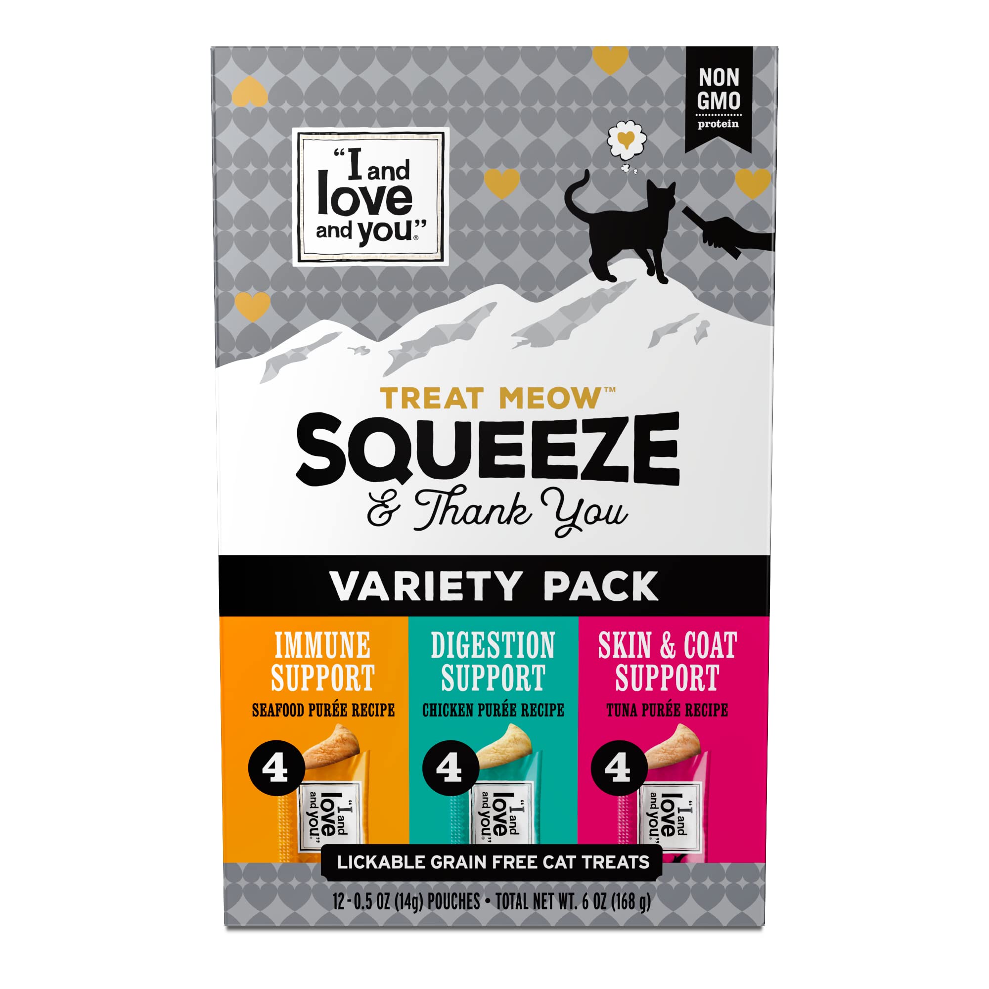 I AND LOVE AND YOU Treat Meow Variety Pack front packaging highlights 12 single-serve pouches