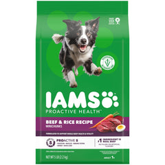 IAMS Proactive Health Minichunks Beef & Rice bag showing first ingredient beef for energy