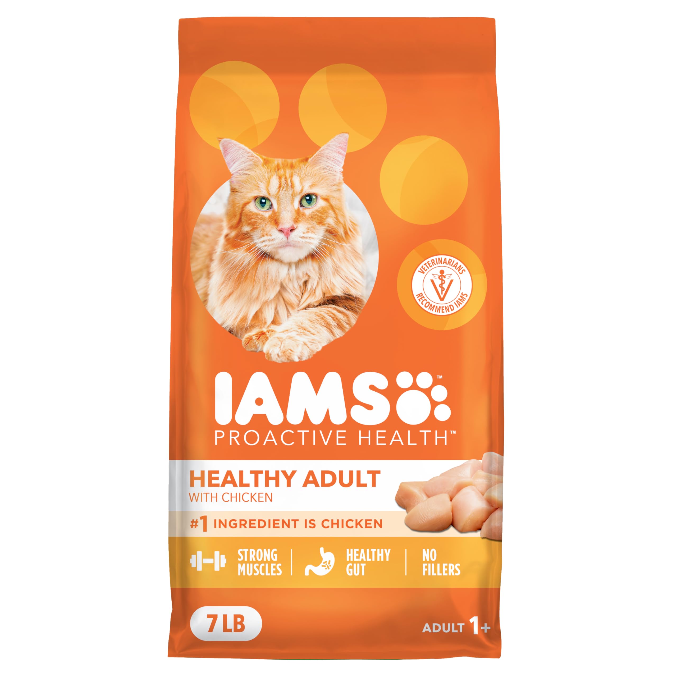 IAMS Proactive Health: alimento seco para gato con pollo que apoya músculos sanos.