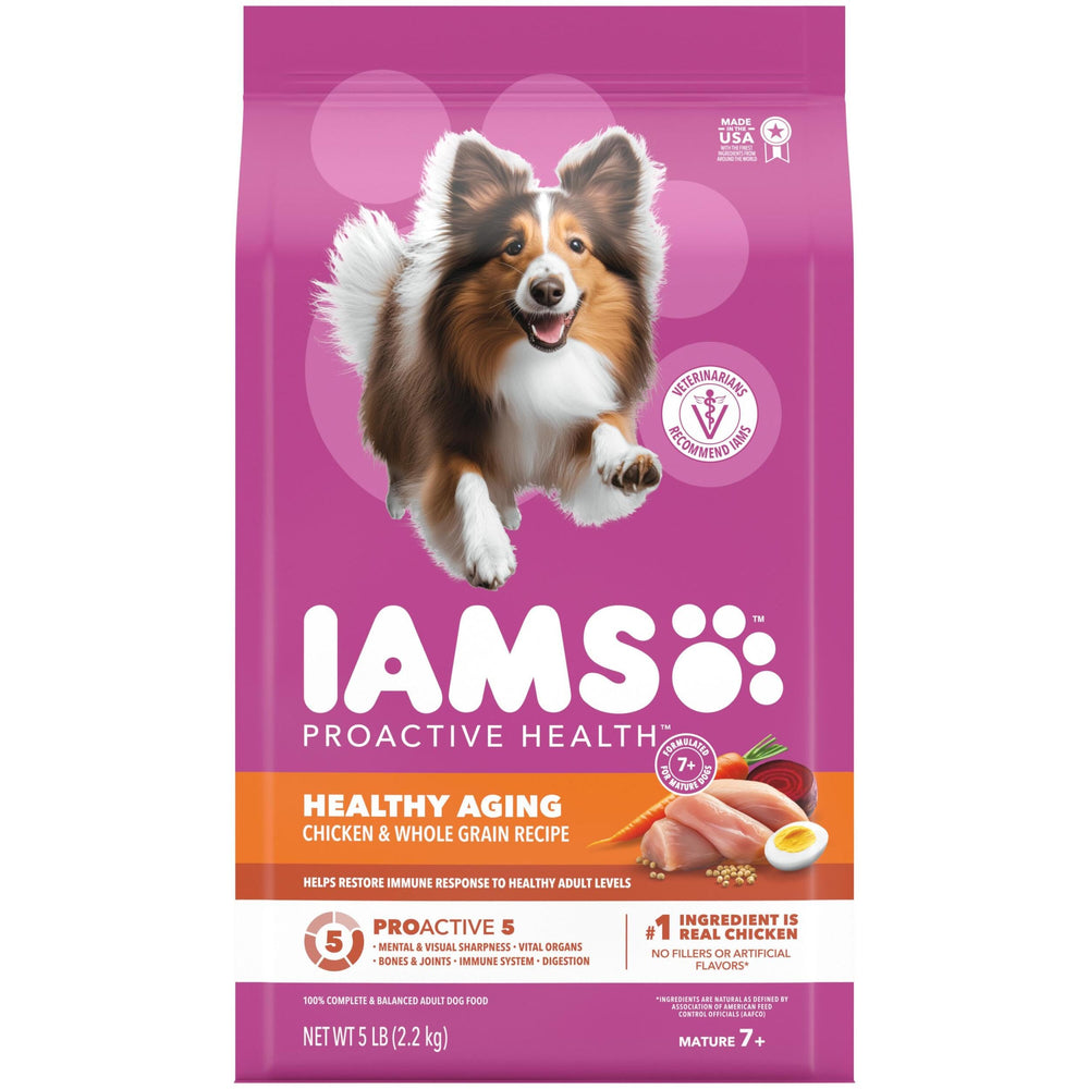 IAMS Proactive Health Healthy Aging bag front with real chicken and whole grains, senior-focused.