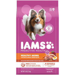 IAMS Proactive Health Healthy Aging bag front with real chicken and whole grains, senior-focused.