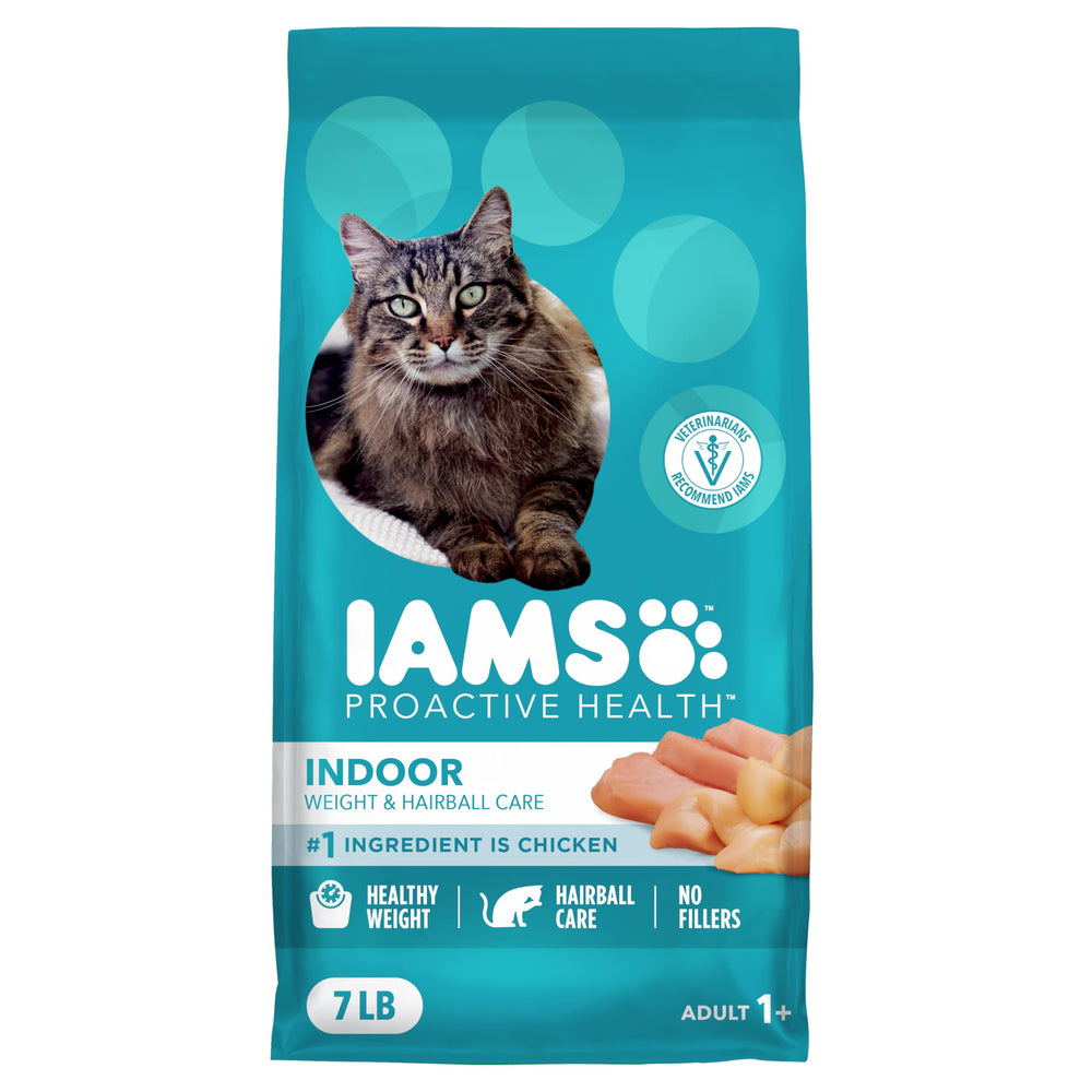 IAMS Proactive Health para gatos indoor con pollo real, sabor delicioso y completo.